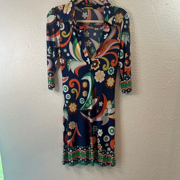 Reborn Blue Orange Sheath Dress V-Neck 3/4 Sleeve - Picture 1 of 10